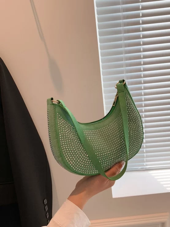 Green Small Hobo Bag Plain Studded Decor