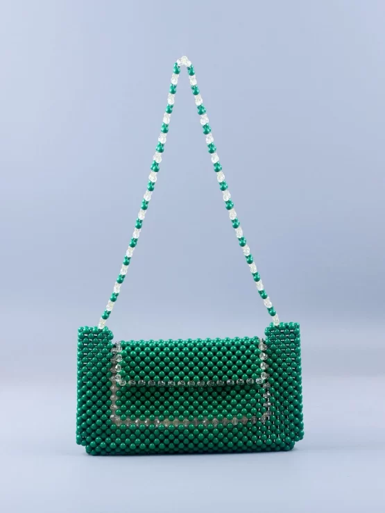 Beaded Green Fashionable Decor Flap Square Bag