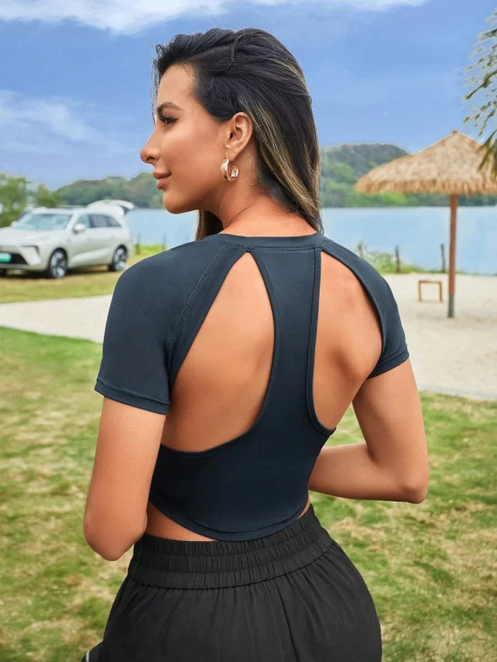 Cut Out Backless Rib Knit Crop Sports Tee