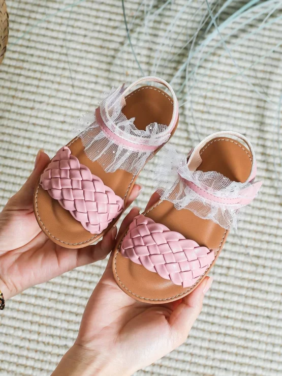 Girls Ruffle Trim Braided Strap Comfortable Vacation Ankle Strap Sandals Summer