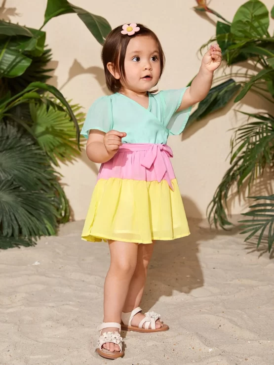 Baby Color Block Puff Ruffle Hem Belted Sleeve Dress
