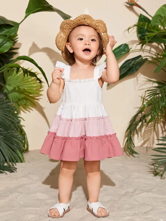 Baby Color Block Frill Ruffle Hem Trim Dress