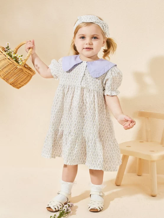 Baby Allover Print Statement Collar Ruffle Hem Trim Dress With Headband