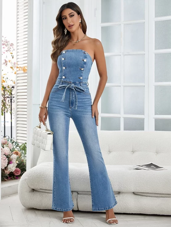 Button Front Belted Flare Leg Tube Denim Jumpsuit