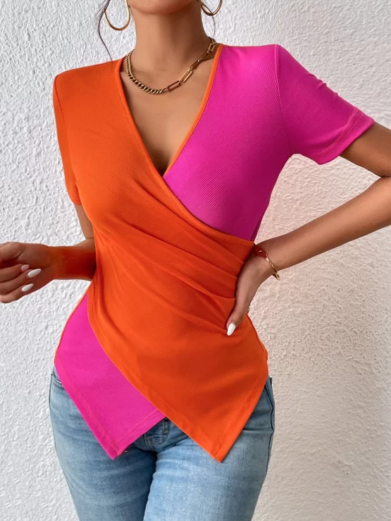 Unity Two Tone Wrap Cross Asymmetrical Hem Tee