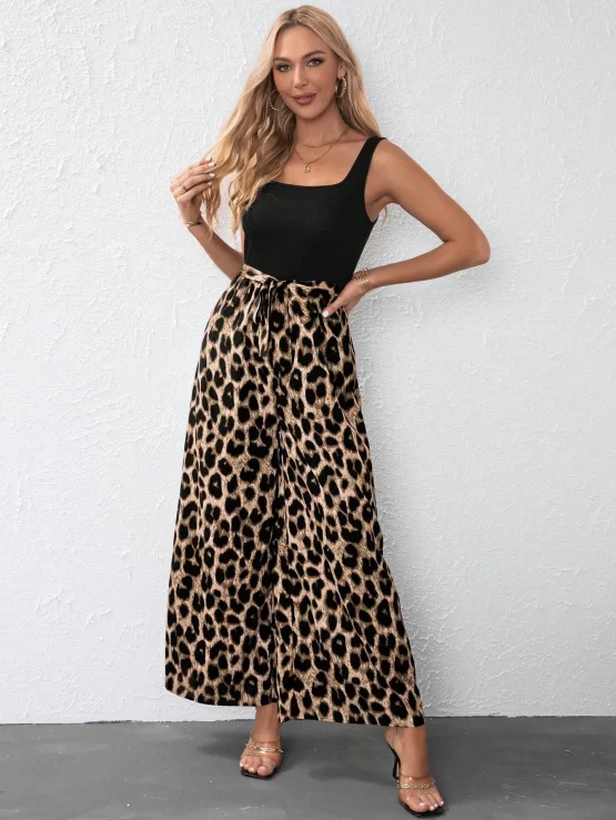 EMERY ROSE Leopard Print Belted Wide Leg Jumpsuit