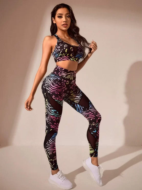 All Over Print Contrast Mesh Insert Sports Set