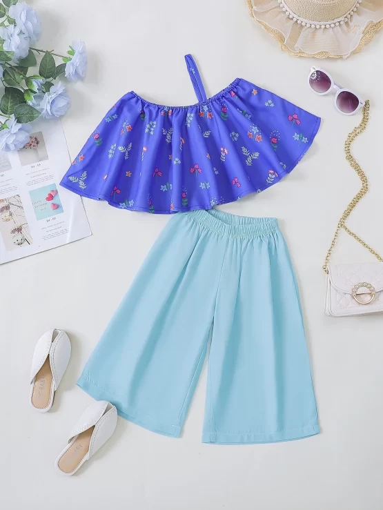 Baby Floral Print Asymmetrical Neck Top & Wide Leg Pants