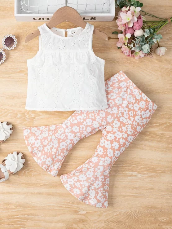 Baby Ruffle Trim Schiffy Tank Top & Floral Print Flare Leg Pants