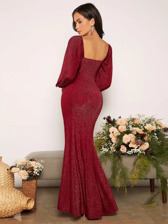 Belle Sweetheart Neck Lantern Sleeve Ruched Split Glitter Bridesmaid Thigh Dress