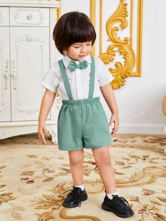 Baby Bow Button Front Shirt & Pinafore Shorts