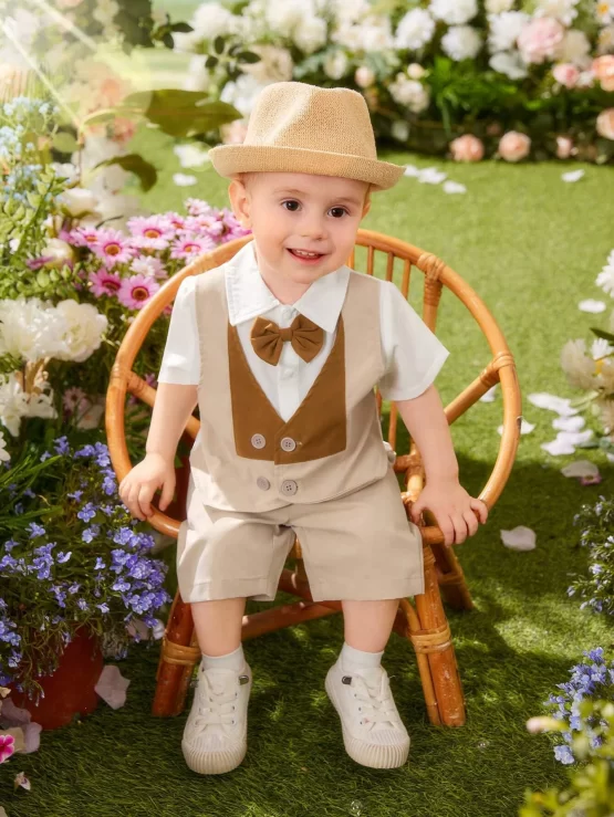Baby Bow Button Front 2 In 1 Shirt & Shorts