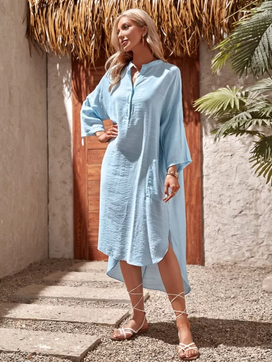Mulvari Notch Neck Button Drop Shoulder Top