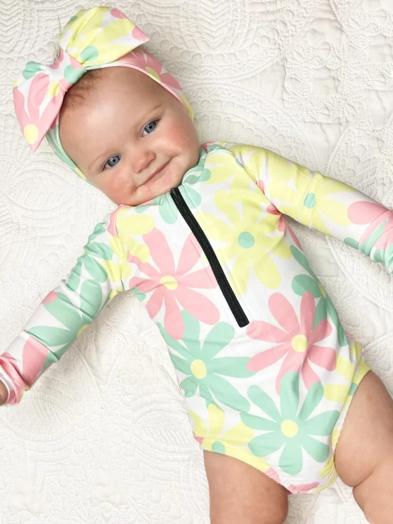 Baby All Over Floral Print Zipper Front One Piece Swimsuit With Headband