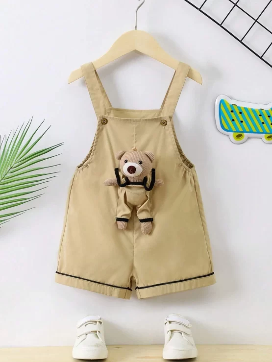 Toddler Boys Bear Doll Decor Contrast Piping Overall Romper