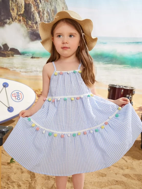 Toddler Girls Striped Pompom Cami Dress