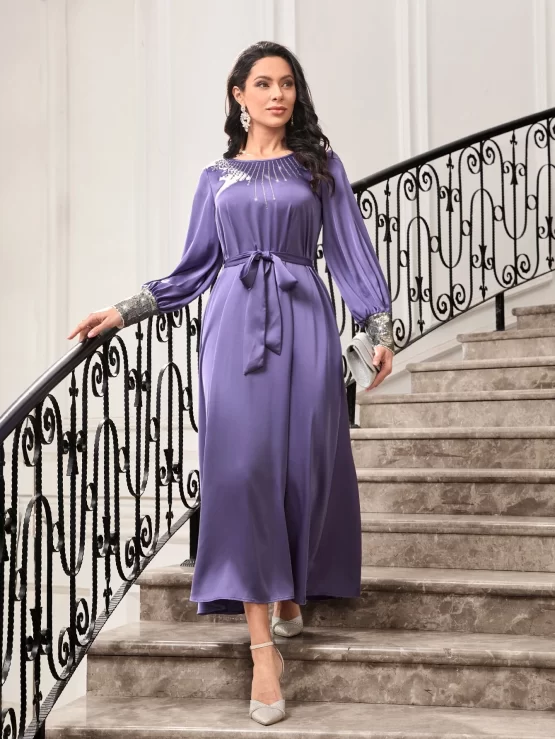 Modely Rhinestone Detail Contrast Sequin Cuff Belted Satin Dress