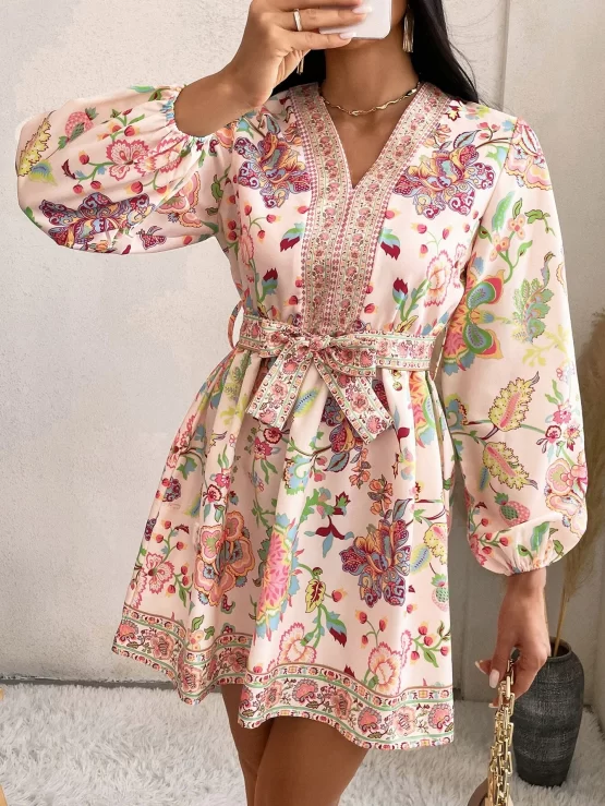 Floral All Over Print Bishop Sleeve Belted Dress