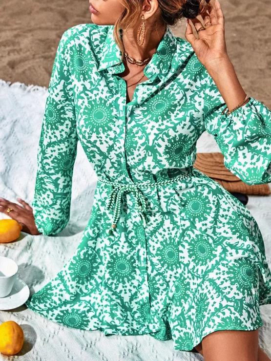Random All Over Print Lantern Sleeve Belted Shirt Dress
