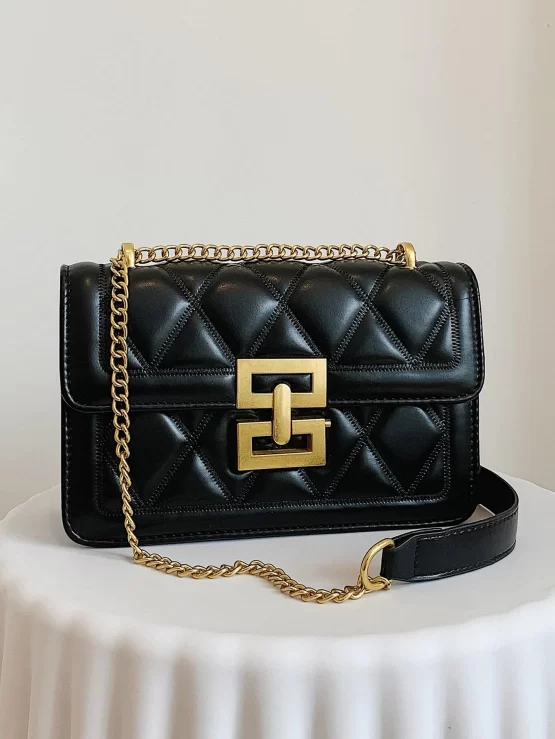 Quilted Push Lock Flap Chain Square Bag