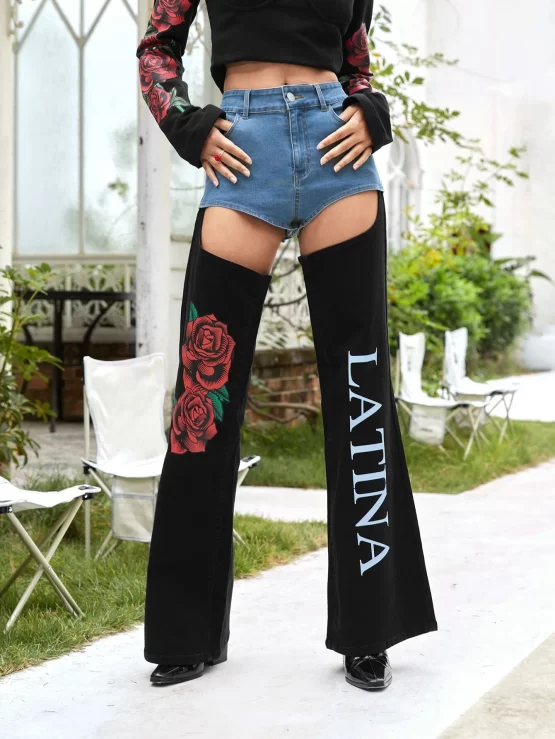 Floral & Letter Graphic Cut Out Pocket Jeans