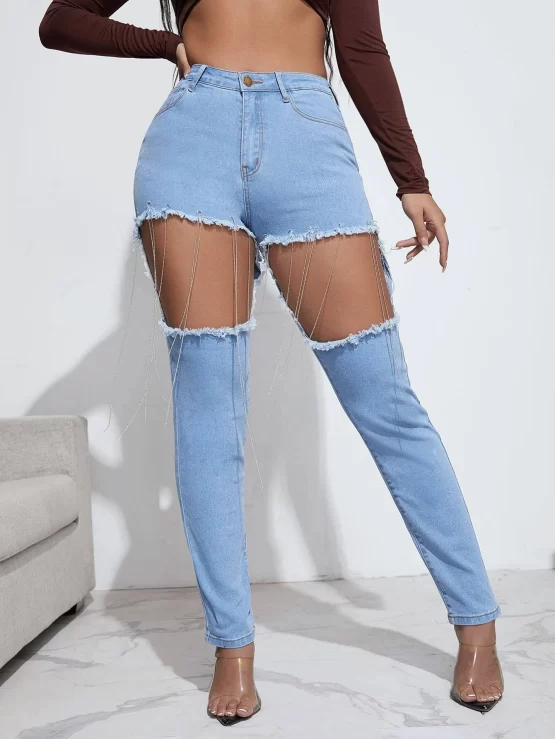 High Stretch Cut Out Fringe Detail Skinny Jeans