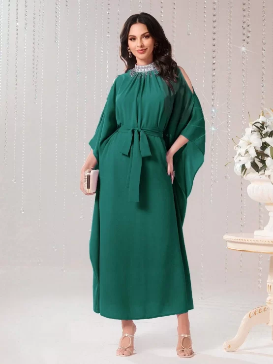 Najma Contrast Sequin Mock Neck Batwing Sleeve Belted Kaftan