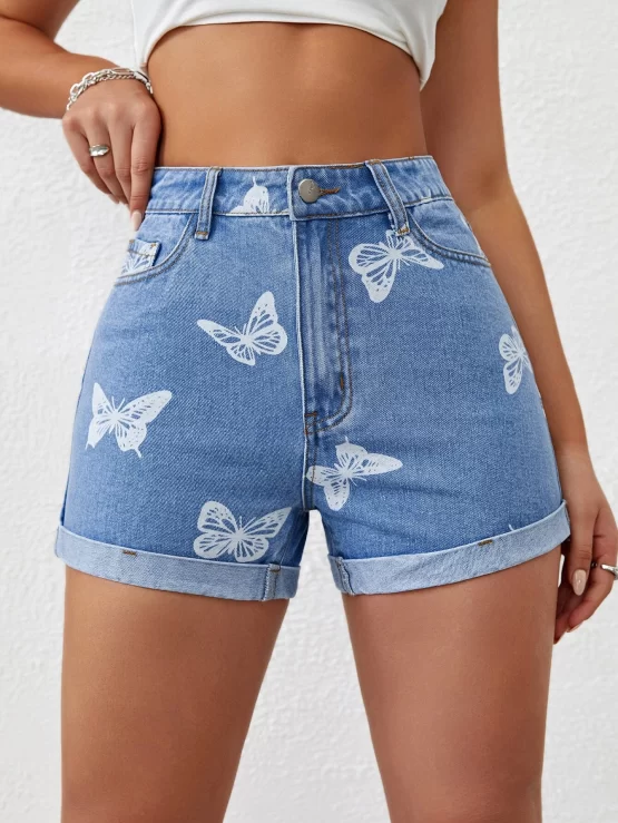 Butterfly Print Rolled Hem Denim Shorts
