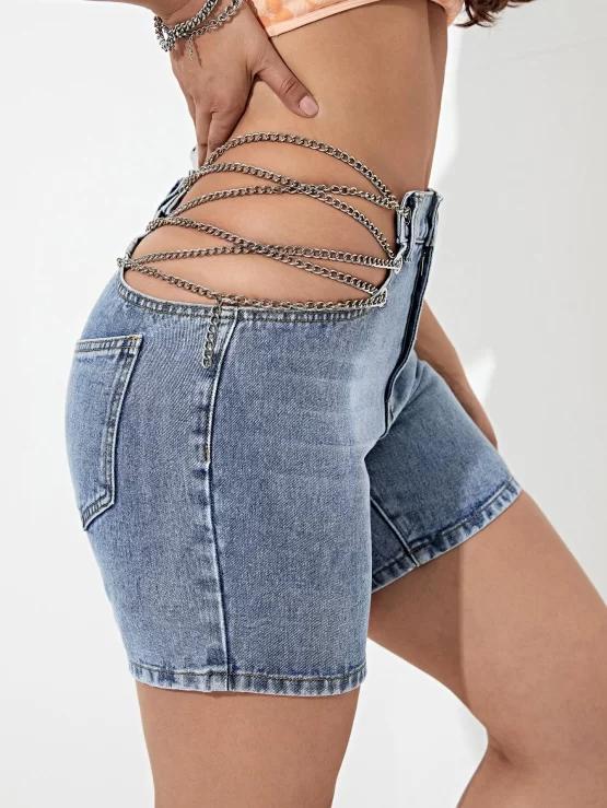 Button Chain Detail Cut Out Denim Shorts