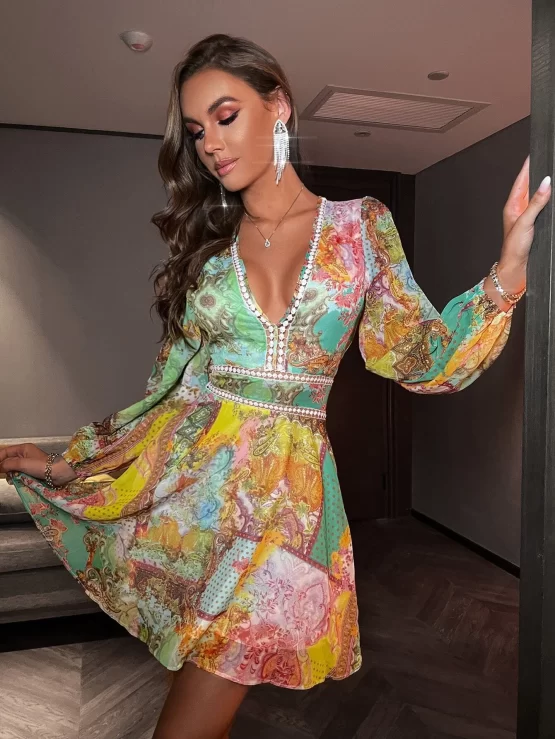 Floral Paisley Print Guipure Lace Insert Plunging Neck Dress