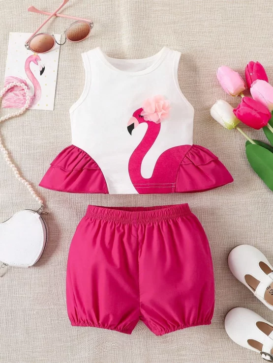 Baby Swan Print Ruffle Trim Tank Top & Shorts