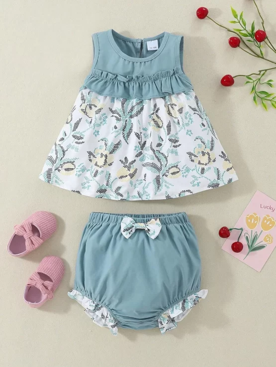 Baby Floral Print Ruffle Trim Top & Bow Front Shorts