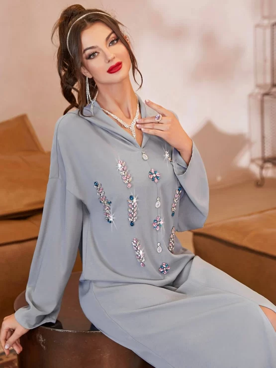 Najma Rhinestone Detail Drop Shoulder Slit Front Djellaba