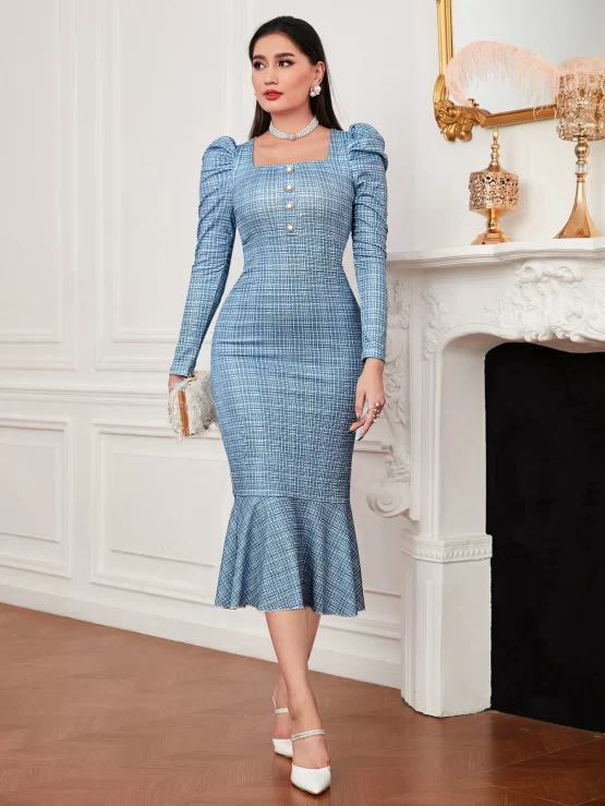 Modely Plaid Gigot Sleeve Mermaid Hem Bodycon Dress