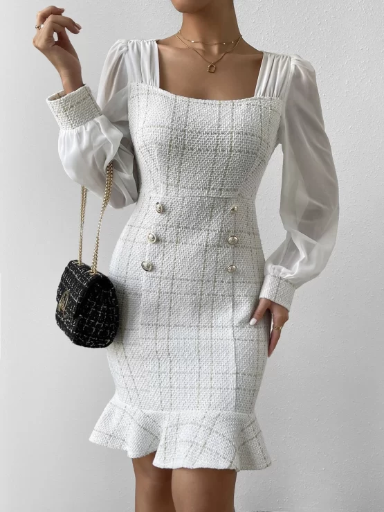 Unity Tweed Square Neck Puff Sleeve Mermaid Hem Dress