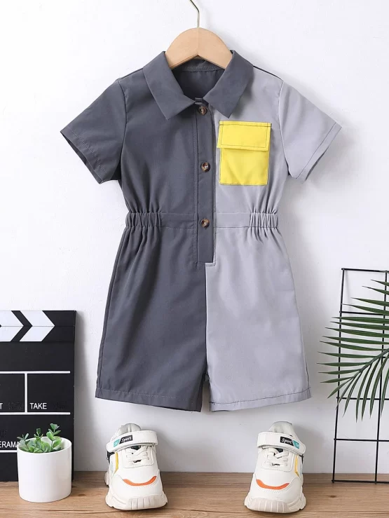Toddler Boys Two Tone Flap Pocket Shirt Button Romper