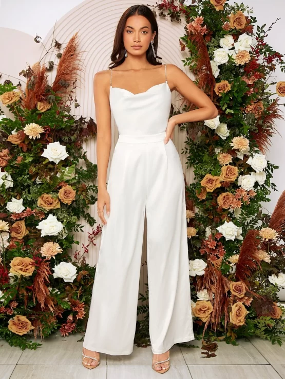 Belle Rhinestone Strap Criss Cross Back Draped Cami Jumpsuit