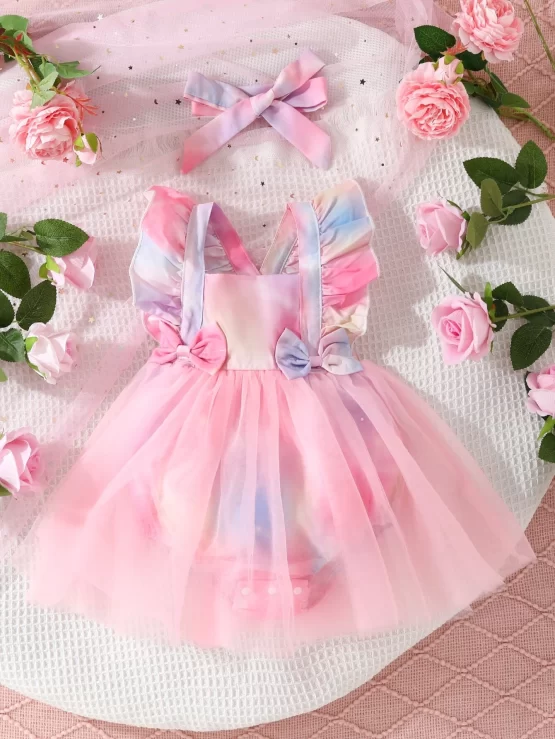Baby Ombre Ruffle Trim Bow Front Mesh Overlay Bodysuit & Accessory Headband