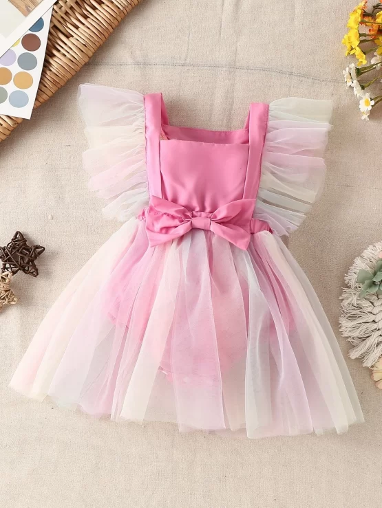Baby Ruffle Trim Bow Contrast Mesh Front Bodysuit
