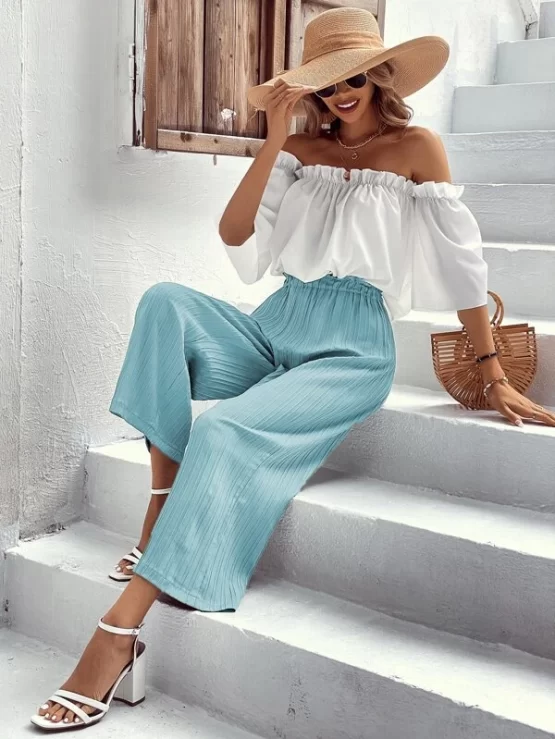 Off Shoulder Frill Trim Top & Wide Leg Pants