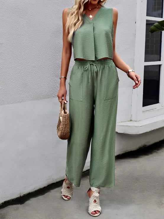 Solid Crop Pocket Tank Top & Wide Leg Pants