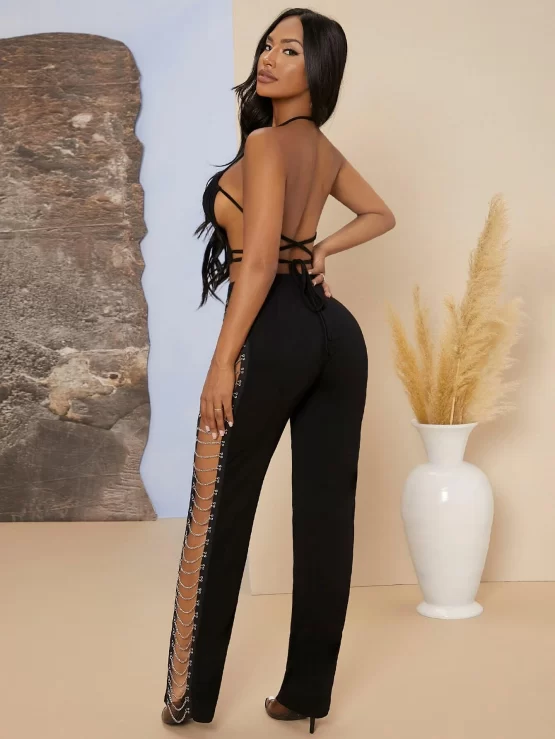 Tied Open Back Halter Top and Chain Detail Pants Set - Image 3