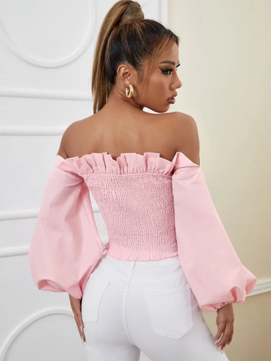 Off Shoulder Ruffle Trim Crop Shirred Blouse - Image 2