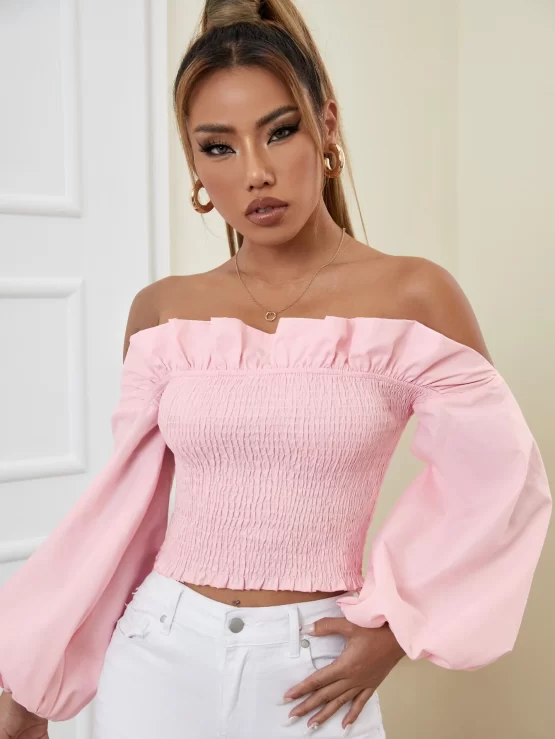 Off Shoulder Ruffle Trim Crop Shirred Blouse - Image 3