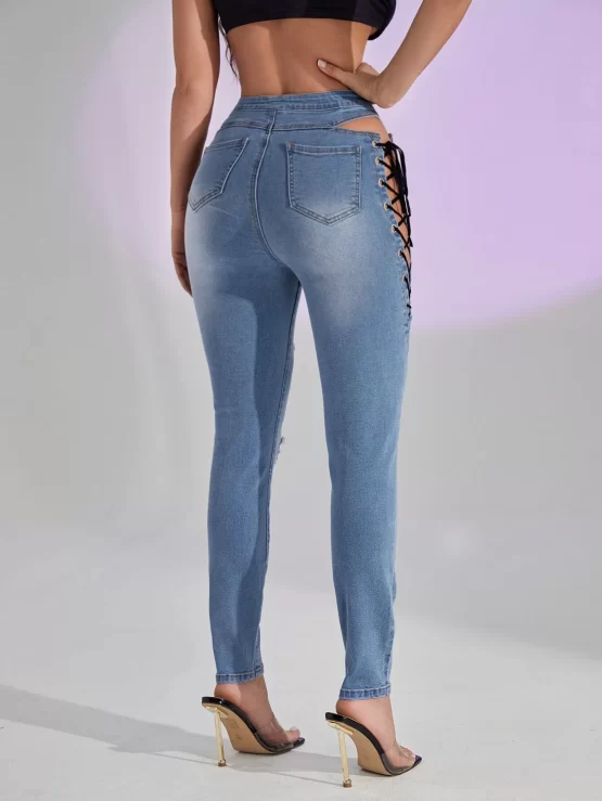 Lace Up Zipper Fly Ripped Skinny Jeans - Image 2