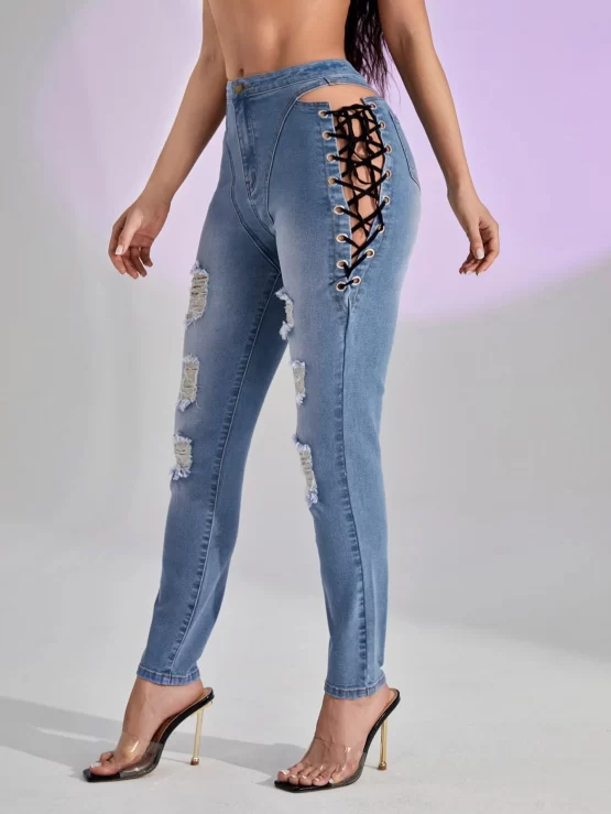 Lace Up Zipper Fly Ripped Skinny Jeans - Image 3