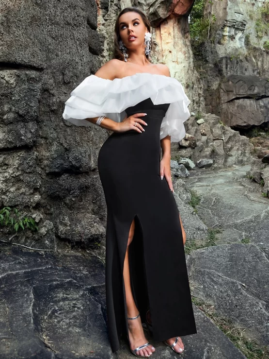 Off Shoulder Gathered Two Tone Sleeve Dress - Image 3