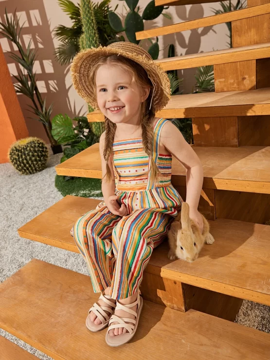 Toddler Girls Shirred Tank Striped Jumpsuit - Image 3
