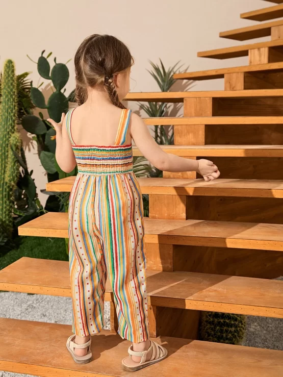 Toddler Girls Shirred Tank Striped Jumpsuit - Image 2