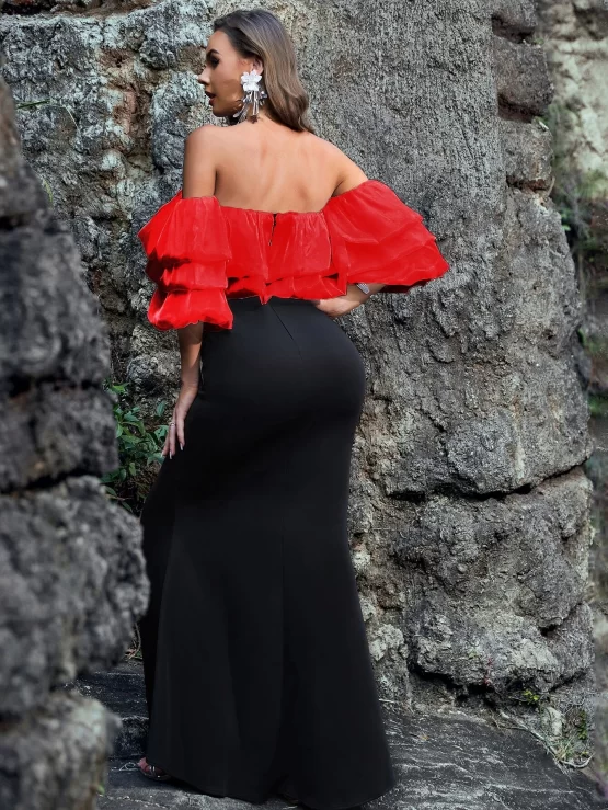 Off Shoulder Gathered Two Tone Sleeve Dress - Image 4